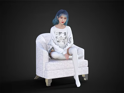 Young Woman With Blue Hair Wearing White Sweater And Stockings Sitting On White Chair 3d model