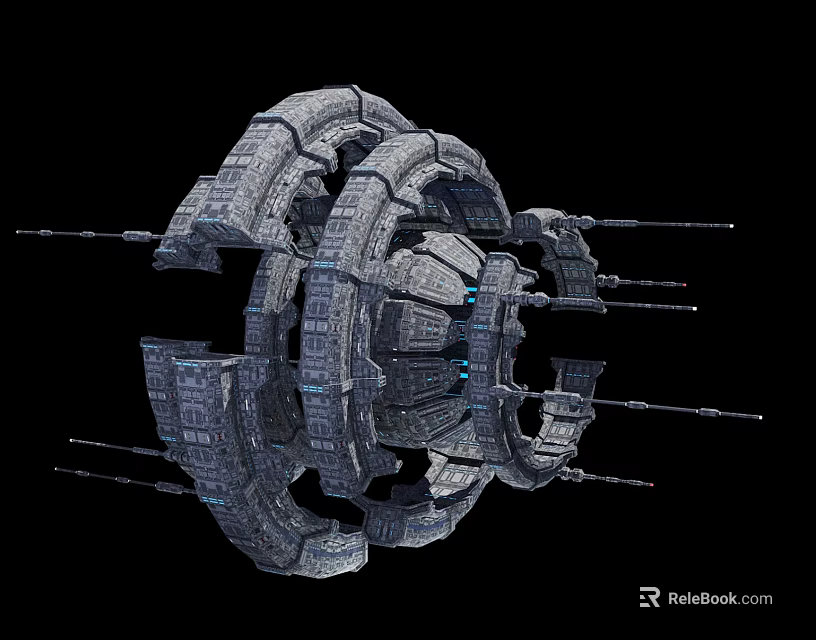 Cartoon Sci Fi Space Station Featuring Ring Structure Blue Lights Gray Design And Black Background 3d model