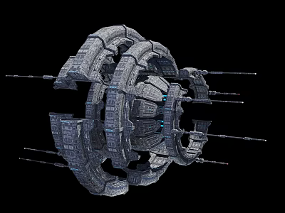 Cartoon Sci Fi Space Station Featuring Ring Structure Blue Lights Gray Design And Black Background 3d model