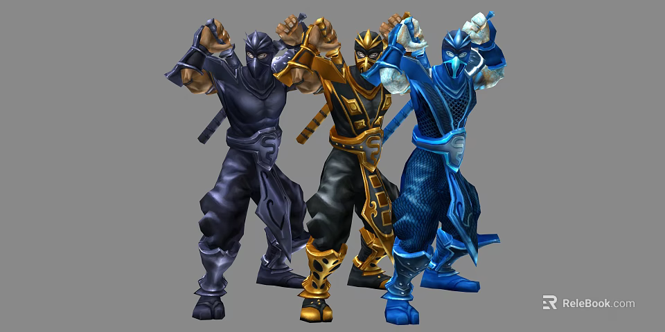 Ninja Style Game and Movie Characters in Black Gold Blue Costumes with Dynamic Battle Poses 3d model 
