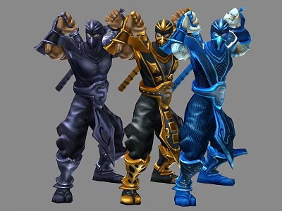 Ninja Style Game and Movie Characters in Black Gold Blue Costumes with Dynamic Battle Poses 3d model