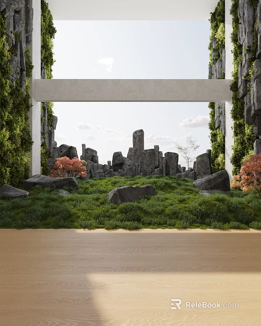 Tranquil Leisure Area with Green Vines Stone Pillars White Beam Grass Rocks and Red Shrubs 3d model 