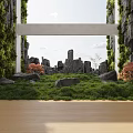 Tranquil Leisure Area with Green Vines Stone Pillars White Beam Grass Rocks and Red Shrubs
