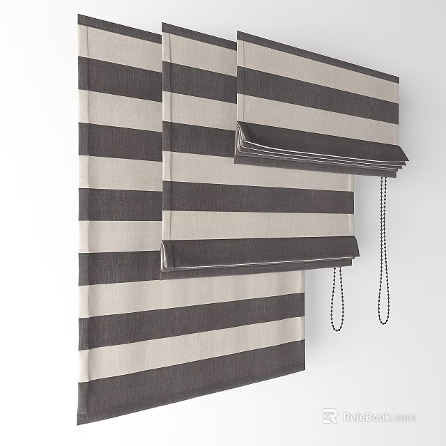Modern Roman Blinds In Black And White Striped Fabric With Pull Chains 3d model 