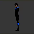 Superhero Character In Black And Blue Costume With Arms Outstretched On Gray Background