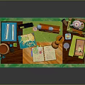Stylish Wooden Desk With Green Tabletop Books Lamp Radio Teapot And Stationery