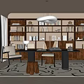 Study Room Interior With Wall of Bookshelves Desk Chair Pendant Lamp and Area Rug