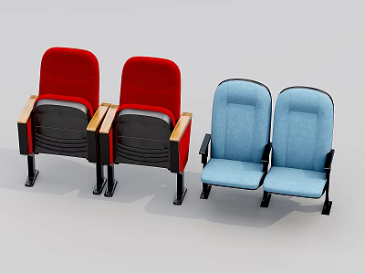 Red And Blue Public Theater Chairs With Upholstered Seats And Wooden Armrests 3d model