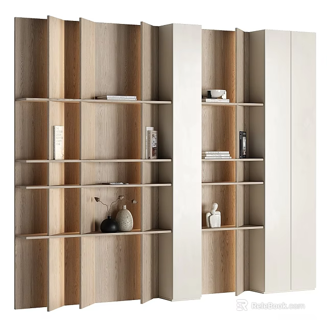 Modern Wooden Bookshelf Design With Open Shelves For Books And Decorative Items 3d model 