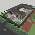 Symmetrical Red Brick School Buildings With Green Playground Under Blue Sky