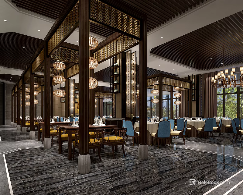 Elegant Chinese Restaurant Interior Featuring Wooden Screens Pendant Lights Dining Chairs And Large Windows 3d model 
