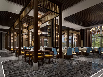 Elegant Chinese Restaurant Interior Featuring Wooden Screens Pendant Lights Dining Chairs And Large Windows 3d model
