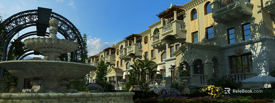 Elegant Garden Landscape With European Building Balconies Fountain Palm Trees And Lush Greenery 3d model 