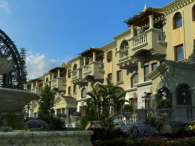 Elegant Garden Landscape With European Building Balconies Fountain Palm Trees And Lush Greenery 3d model
