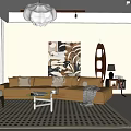 Cozy Modern Living Room with Brown Sofa Beige Armchair Abstract Painting and White Pendant Light