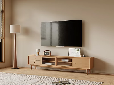 Modern Light Wood TV Stand with Decorative Items Photo Frame in Cozy Living Room 3d model