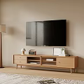 Modern Light Wood TV Stand with Decorative Items Photo Frame in Cozy Living Room