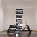 Modern Public Office Area With Blue Sofa Round Coffee Table And Bookshelves