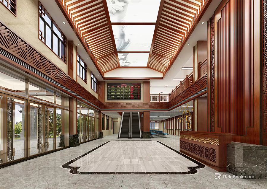 Traditional Chinese Style Lobby With Wooden Ceiling Glass Doors And Marble Floor 3d model 