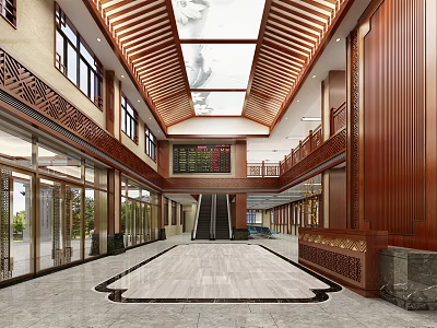 Traditional Chinese Style Lobby With Wooden Ceiling Glass Doors And Marble Floor 3d model