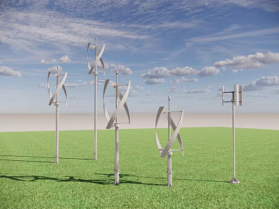 Various Designed Wind Turbines Standing On Green Grass Under Blue Sky With White Clouds 3d model