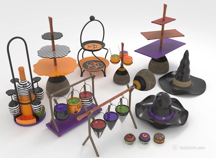 Creative Colorful Decorative Ornament Set With Multi tiered Stands Conical Shapes And Hat Designs 3d model 