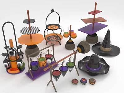 Creative Colorful Decorative Ornament Set With Multi tiered Stands Conical Shapes And Hat Designs 3d model