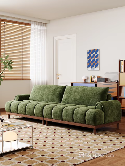 Cozy Green Velvet Two-Seater Sofa With Wooden Legs Blinds And Wall Art In Living Room 3d model 
