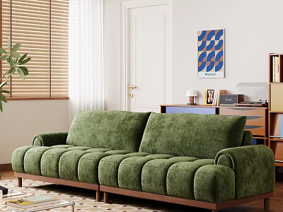 Cozy Green Velvet Two-Seater Sofa With Wooden Legs Blinds And Wall Art In Living Room 3d model