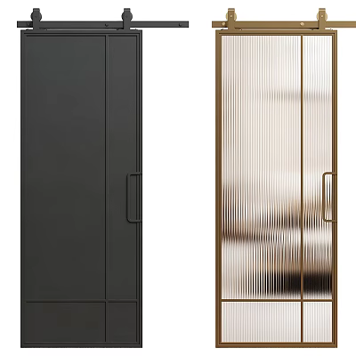Modern Black And Gold Frame Sliding Doors With Vertical Glass Stripes For Interior 3d model