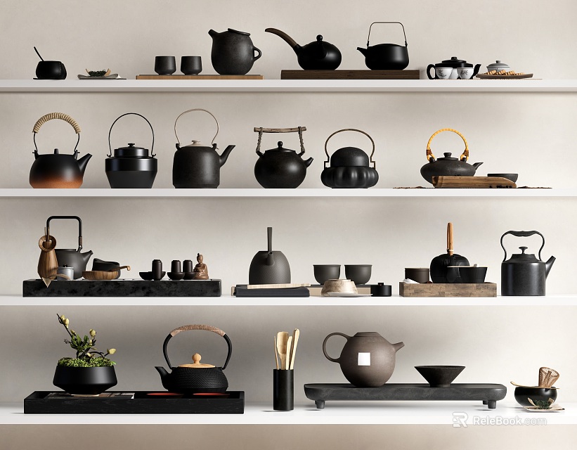 Black Tea Ware Collection with Various Teapots Cups and Wooden Handles on White Shelves 3d model 