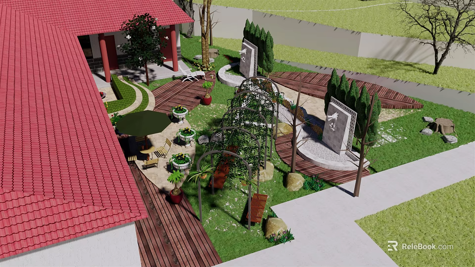 Garden Landscape Design With Red Roof Building Wooden Deck Green Plants And Playground Elements 3d model 