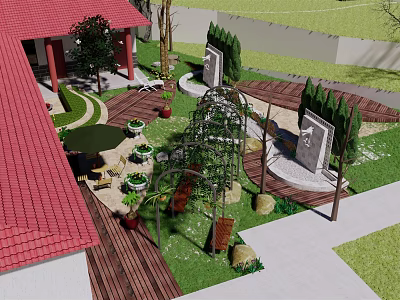 Garden Landscape Design With Red Roof Building Wooden Deck Green Plants And Playground Elements 3d model