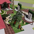 Garden Landscape Design With Red Roof Building Wooden Deck Green Plants And Playground Elements