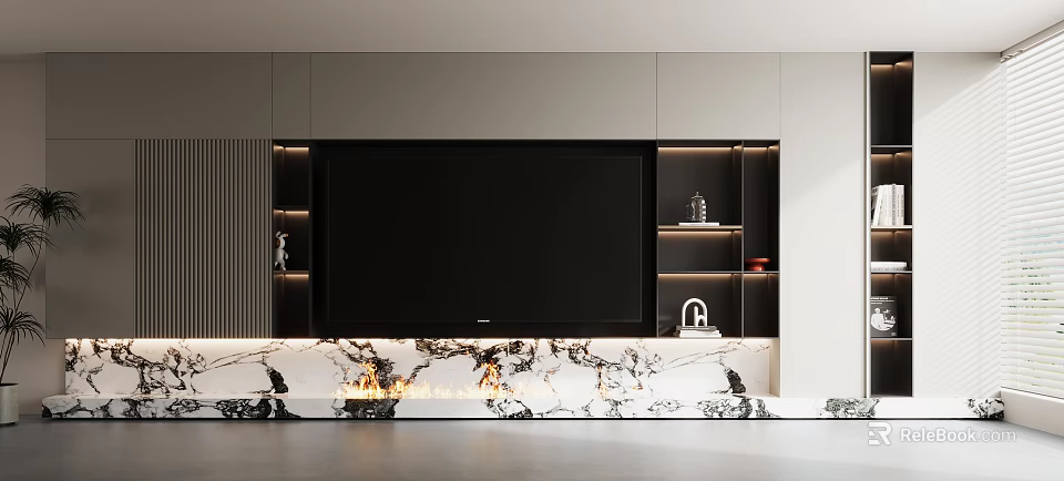 Modern TV Wall With Marble Fireplace And Built in Shelves 3d model 