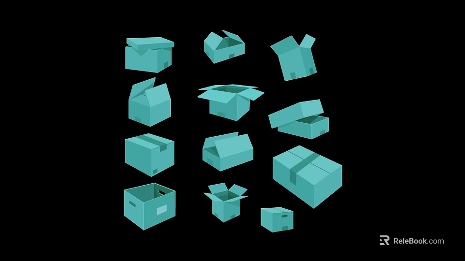 Multiple Blue Cardboard Boxes in Various Open and Closed States with Different Shapes 3d model