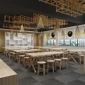 School Cafeteria Interior With Wooden Tables Stools Pendant Lights TV Screen And Windows