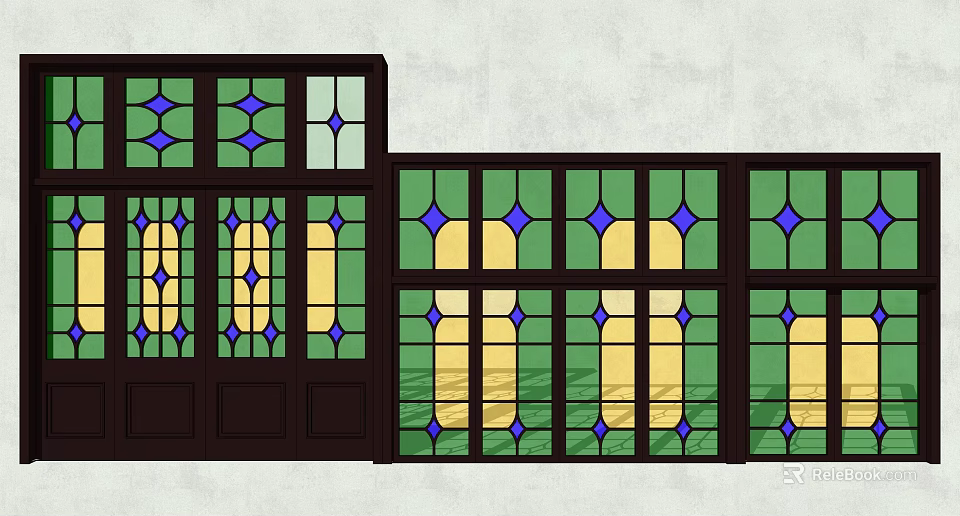 Colorful Stained Glass Window Components With Geometric Patterns And Wooden Frames 3d model 