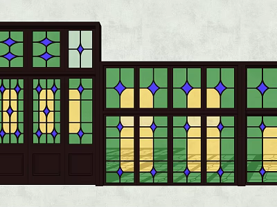 Colorful Stained Glass Window Components With Geometric Patterns And Wooden Frames 3d model