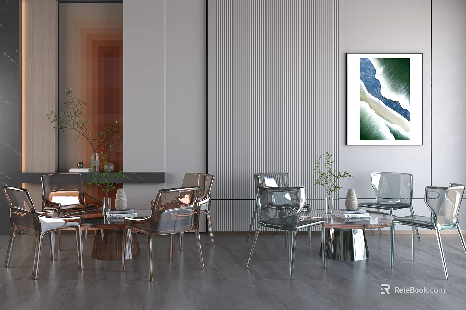 Contemporary Table Chair Set With Glass Top Transparent Chairs And Wall Painting 3d model 