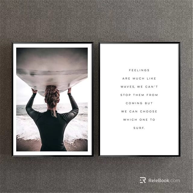 Figure Paintings of Woman With Surfboard by Seaside and Feelings Waves Quote 3d model 