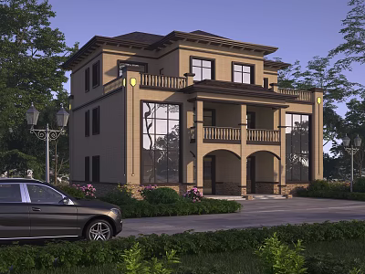 Detached Two Story Villa With Beige Facade Large Windows Balcony And Front Landscaping 3d model