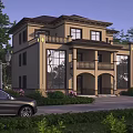 Detached Two Story Villa With Beige Facade Large Windows Balcony And Front Landscaping