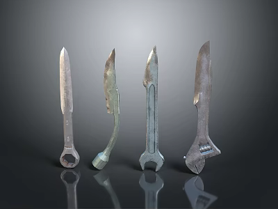 Four Ancient Handcrafted Blades As Vintage Weapon Designs With Metal Handles 3d model