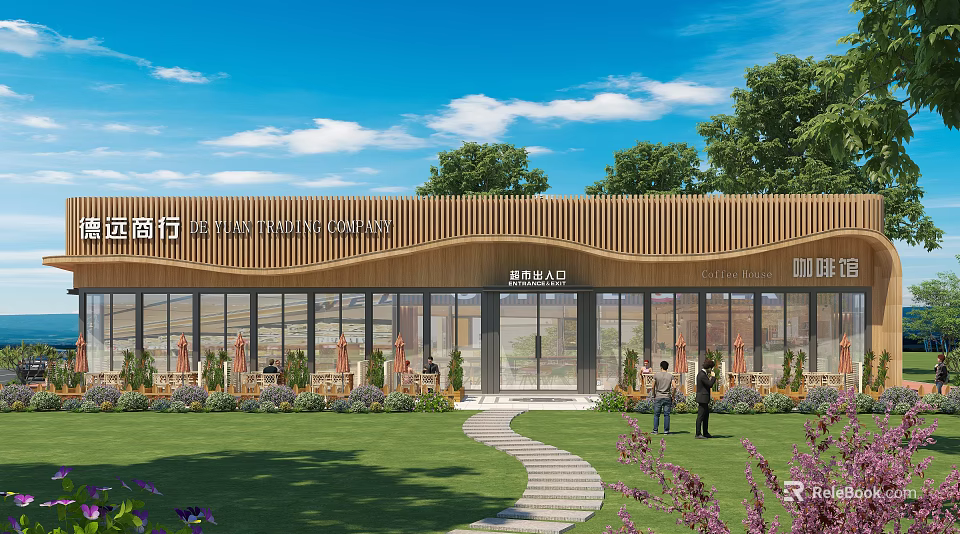Modern Sales Office Building Featuring Wooden Facade Large Glass Windows And Landscaped Lawn Pathway 3d model 