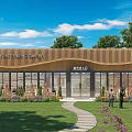 Modern Sales Office Building Featuring Wooden Facade Large Glass Windows And Landscaped Lawn Pathway