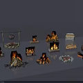 Various Stylish Garden Ornaments with Campfire Setups Wooden Frames and Clay Pots