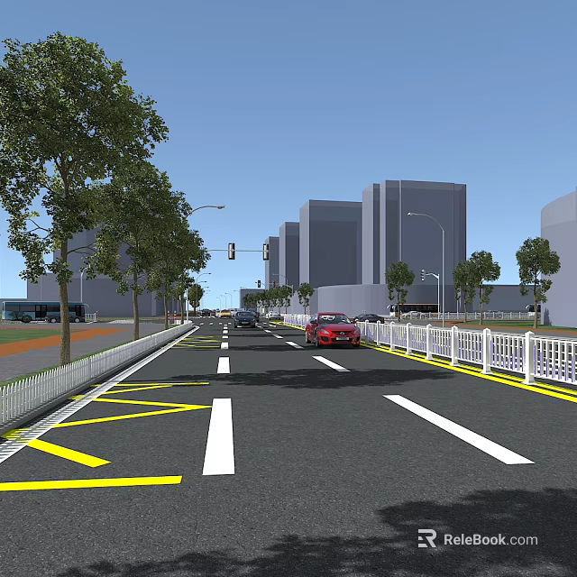 Urban Road Facilities With White Guardrails Yellow Grid Lines White Lane Markings And Street Lamps 3d model 