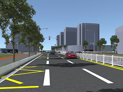 Urban Road Facilities With White Guardrails Yellow Grid Lines White Lane Markings And Street Lamps 3d model