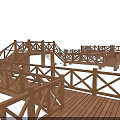 Wooden Landscape Bridge with Crossed Railings Steps and Platforms in Outdoor Scene
